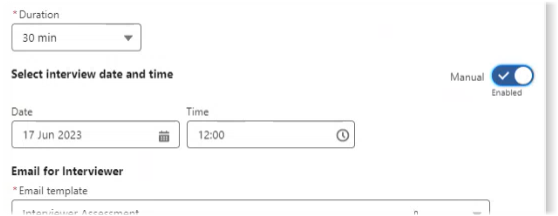 Partial screenshot from create interview dialog showing manual date and time selection fields